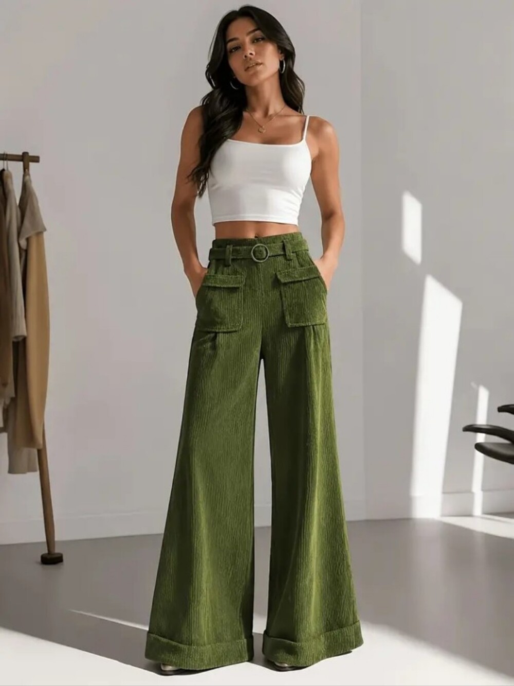 Women'S Olive Green Wide Leg Pants High Waist Solid Color Beltless Pocket Pants